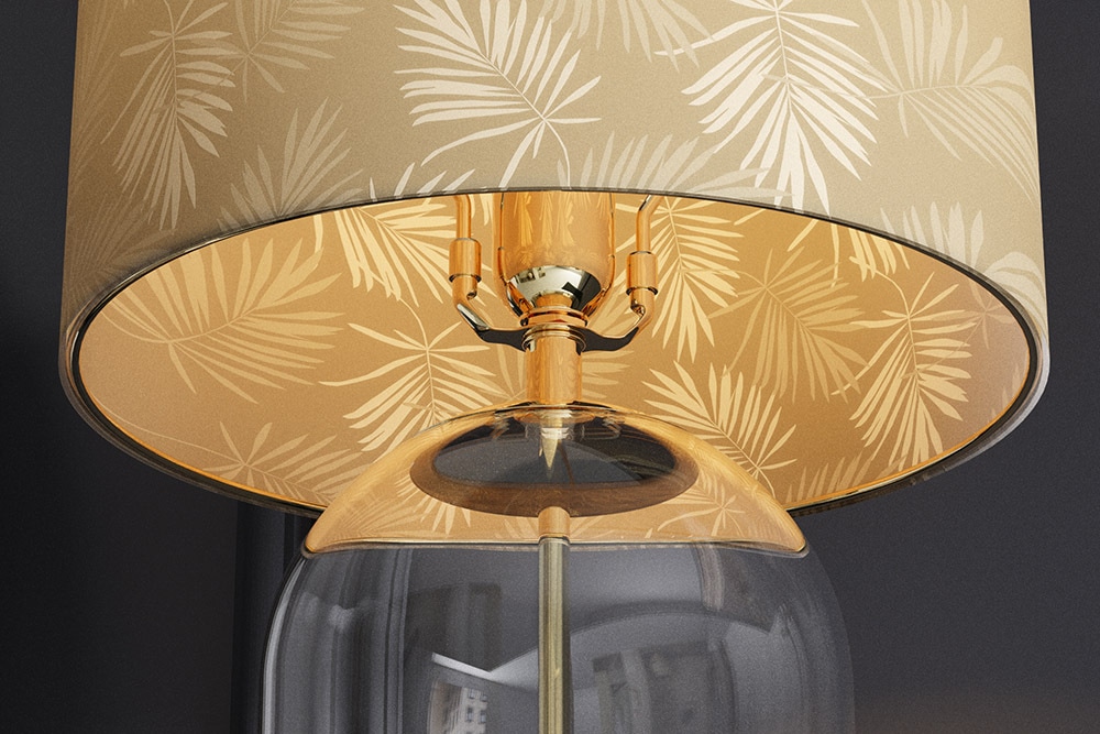 Moderne Tischlampe CLASSICO 50cm transparent Glas weiß gold Leinenschirm