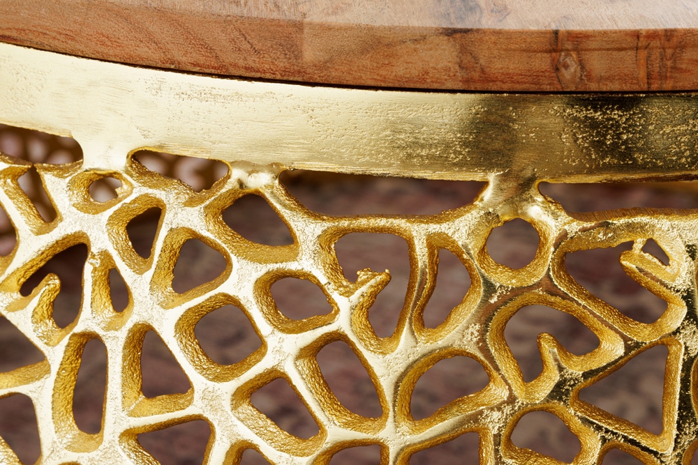 Runder Couchtisch ABSTRACT LEAF 75cm gold Metall massiv Akazienholz filigrane Handarbeit
