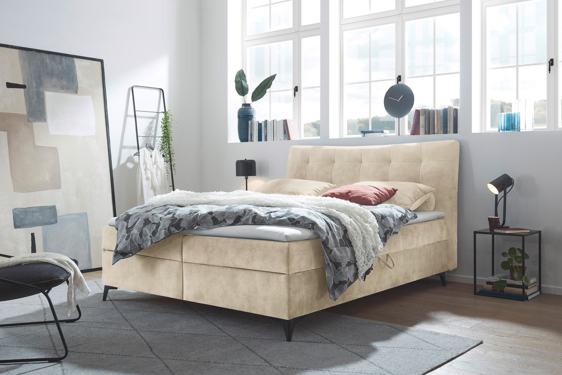 Design Boxbett DECADENCIA 180x200cm beige Samt mit Stauraum Matratze Topper