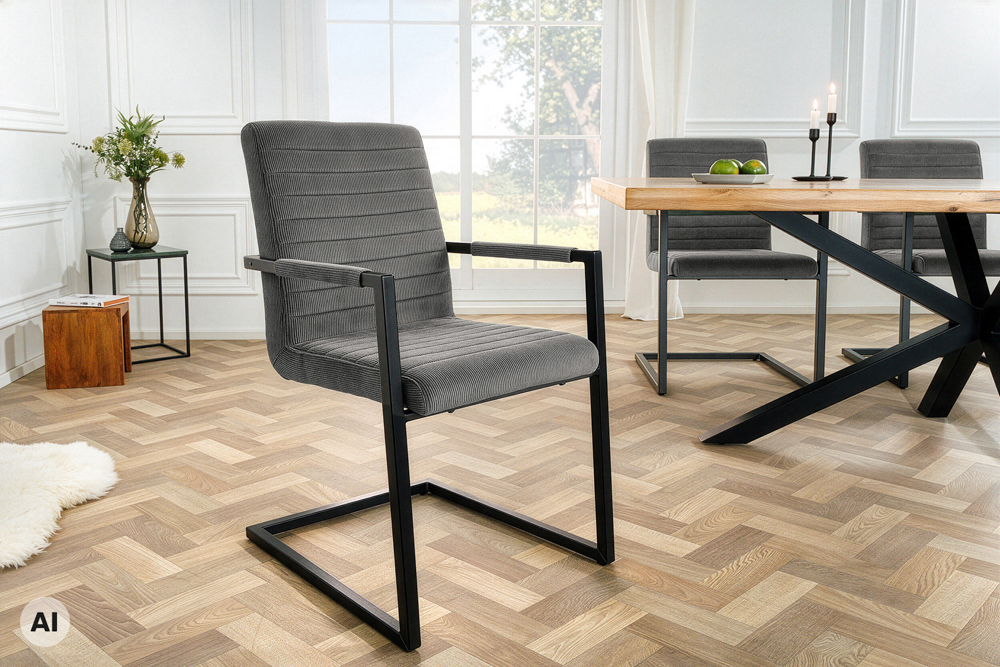 Industrial Freischwinger LOFT grau Cord schwarz Eisen mit Armlehne