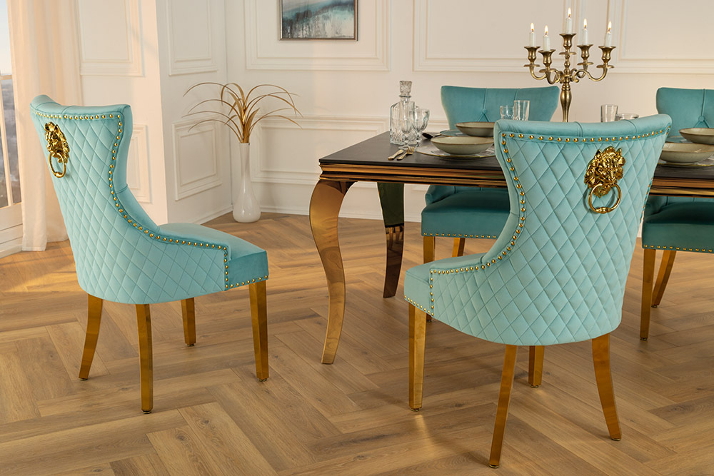 Barock Stuhl CASTLE DELUXE blau Samt gold Edelstahl mit Löwenkopf Chesterfield