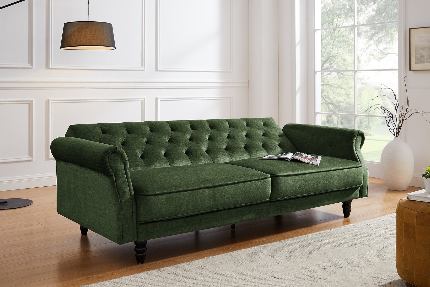 Schlafsofa MAISON BELLE AFFAIRE 220cm moosgrün Vogue Seiden Samtstoff 3-Sitzer
