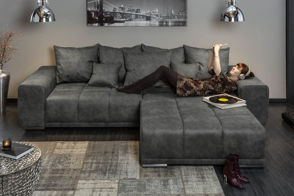 Big Sofa ELEGANCIA 285cm grau Microfaser XXL Couch inkl. Kissen Federkern