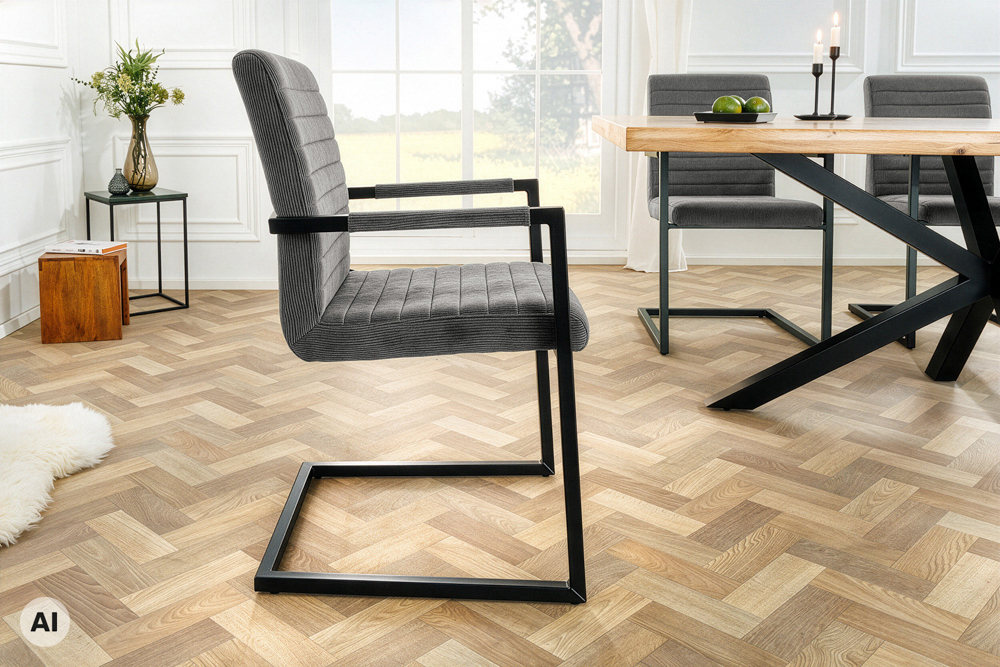 Industrial Freischwinger LOFT grau Cord schwarz Eisen mit Armlehne