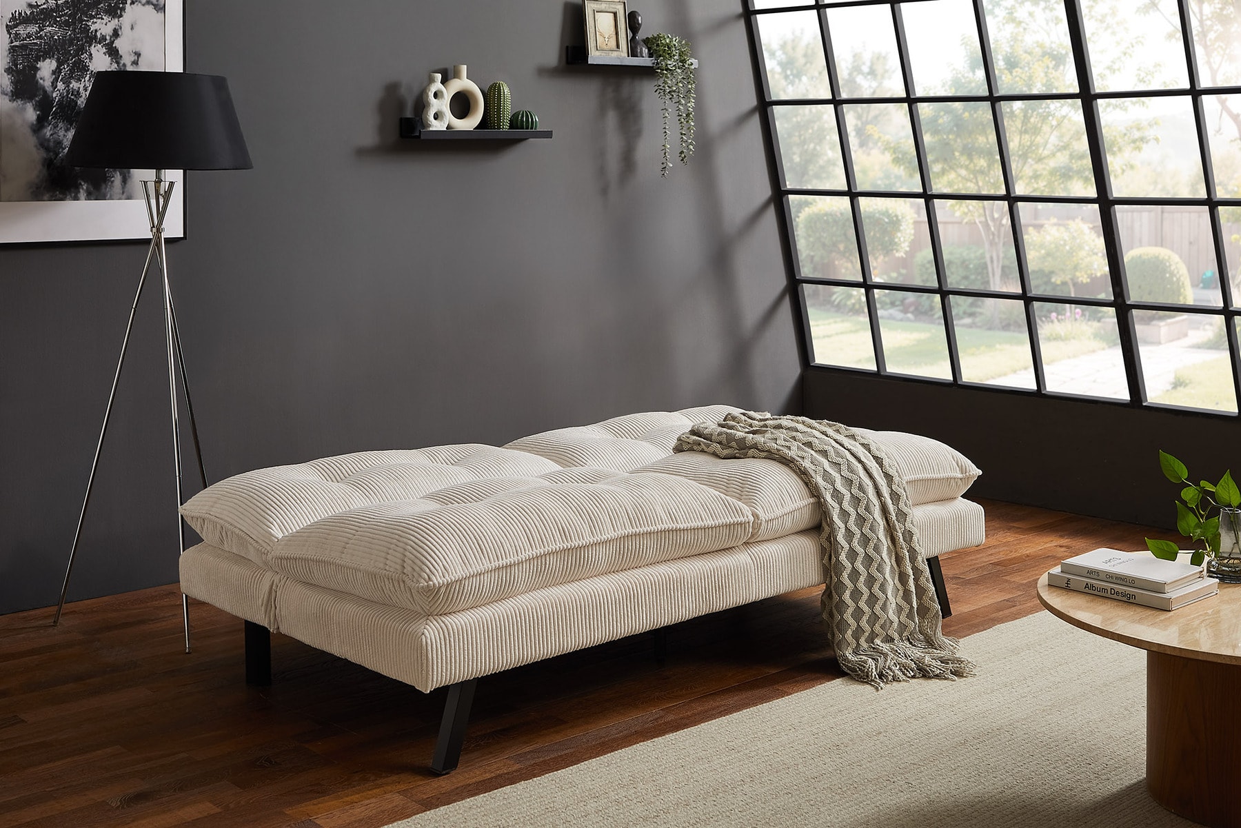 Modernes Schlafsofa COCOONING 190cm beige Cord 3-Sitzer Couch