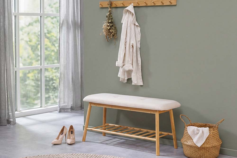 Stilvolle Schuhbank ZEN-BO 90cm natur beige Bambus Regal Sitzbank mit Stauraum