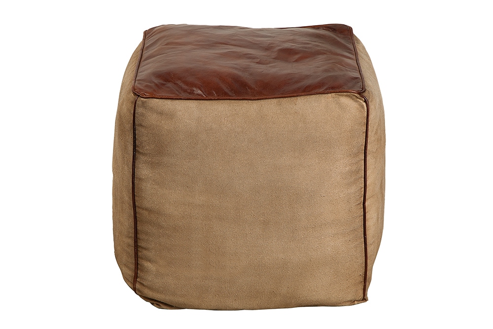 Retro Sitzpouf MUSTANG 45cm Lederbezug mit Leinen Sitzwürfel