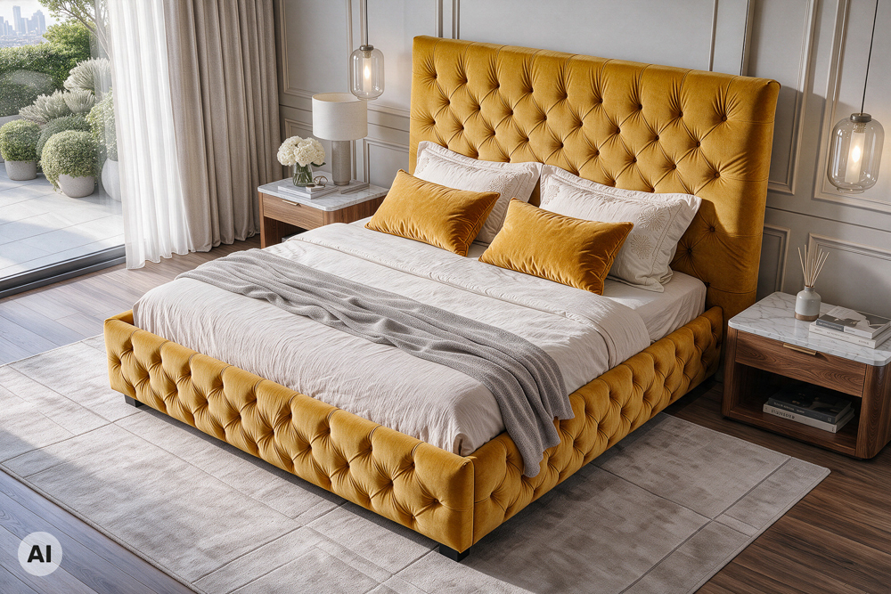Queensize Doppelbett PARIS 160x200cm senfgelb Samt Chesterfield Design Queensize Doppelbett PARIS 160x200cm senfgelb Samt Chesterfield Design