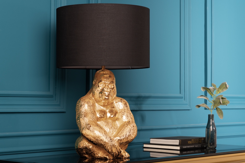 Design Tischlampe KONG 60cm gold Metall Affenlampe schwarzer Lampenschirm