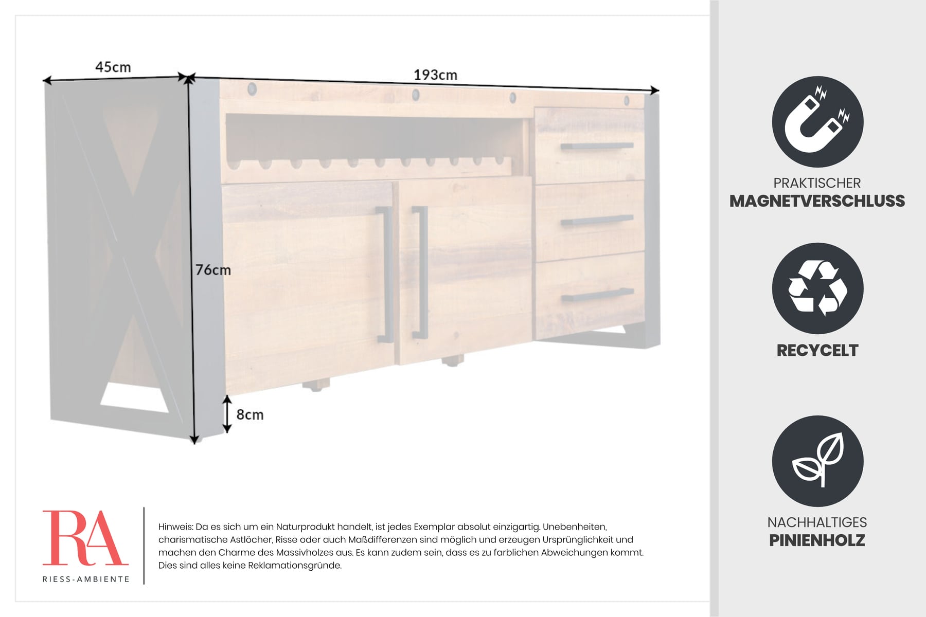 Massivholz Sideboard THOR 195cm braun Pinie mit Schubladen Weinregal Industrial Design