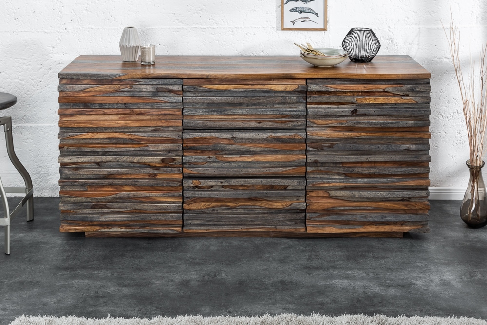 Massivholz Sideboard RELIEF 160cm Sheesham grau smoke finish Kommode mit Schubladen