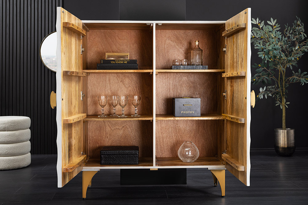 Massives Highboard GOLDEN SUNSET 120cm weiß gold Mangoholz mit 3D Schnitzereien