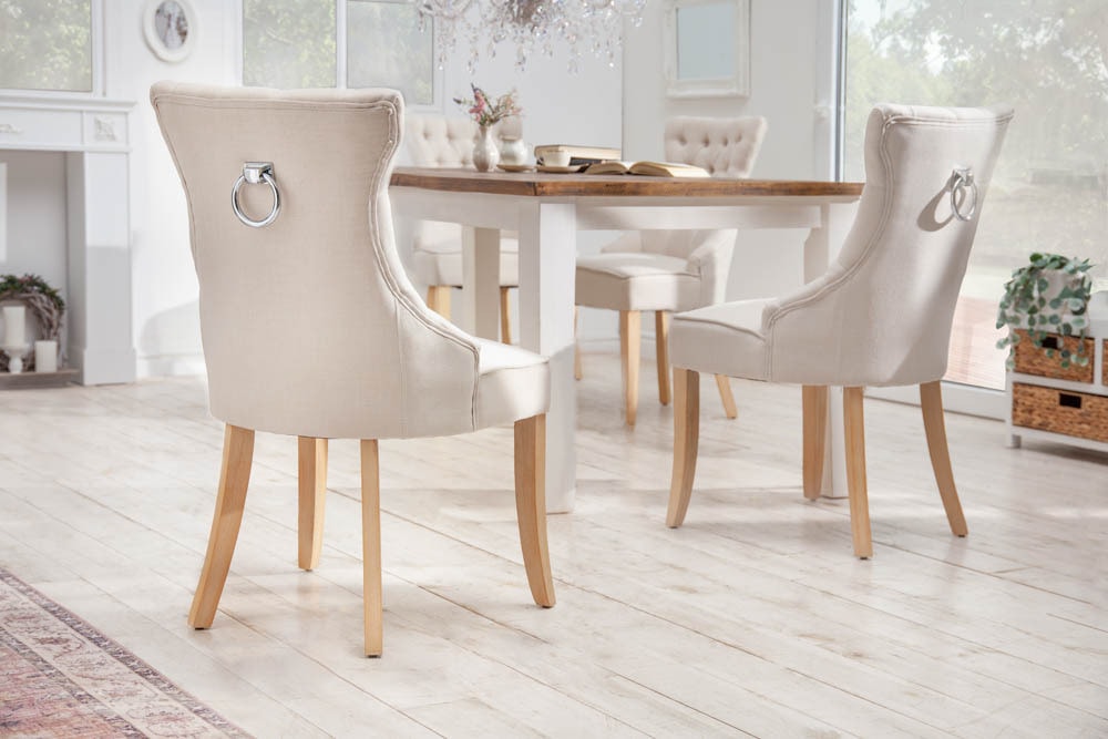 Eleganter Stuhl CASTLE beige Leinenstoff Landhausstil mit Komfortgriff