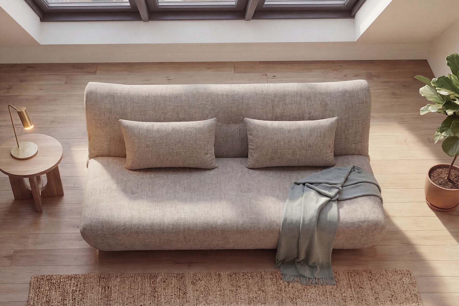 Modernes Schlafsofa ELYPSE 200cm greige Chenille 3-Sitzer Couch inkl. Kissen