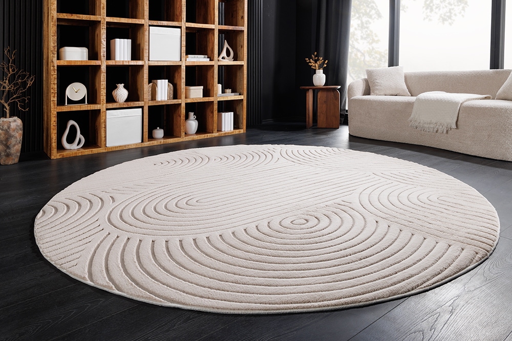 Runder 3D strukturierter Kurzflor Teppich ART DECO 230cm beige creme Hoch-Tief-Effekt