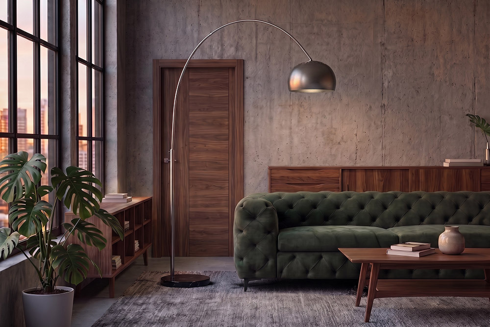Ausziehbare Bogenlampe LOUNGE DEAL 170-210cm chrom gebürstet Marmorfuß Stehlampe