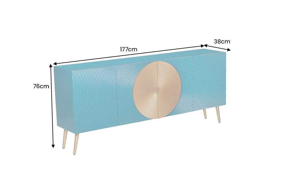 Massives Sideboard AURUM 180cm türkis Mangoholz mit ikonischem Gold-Element