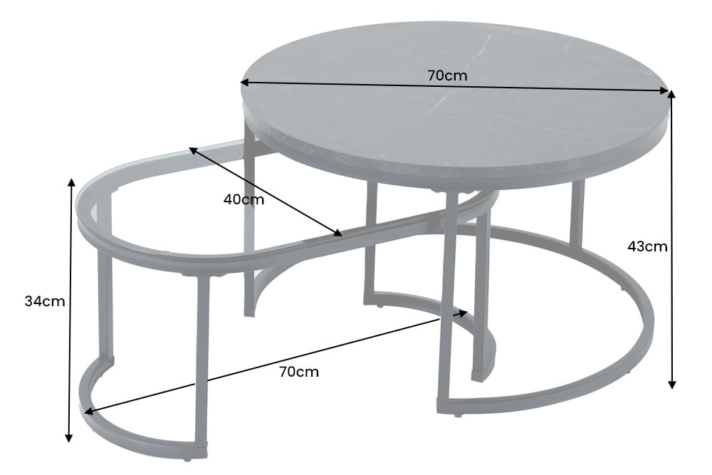2er Set Couchtisch ELEGANCE 70cm graphit Marmor-Design Glas Metall rund oval
