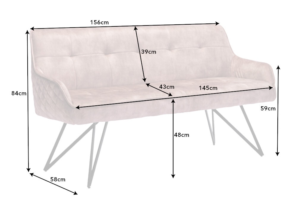 Design Sitzbank EUPHORIA 160cm champagner greige Samt Hairpin Legs Metallbeine Armlehnen