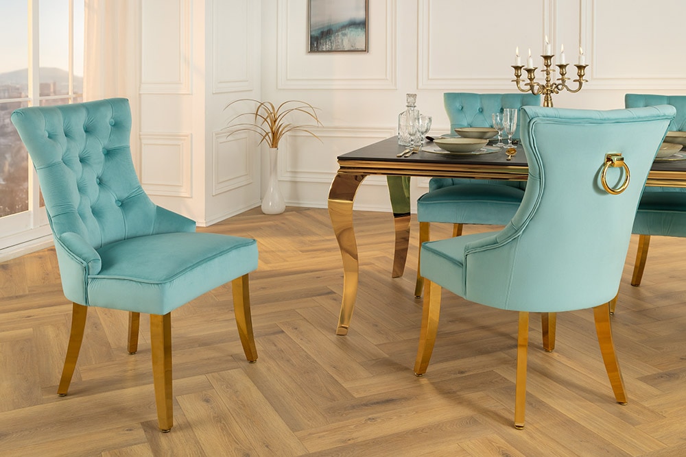 Chesterfield Stuhl CASTLE blau Samt goldene Edelstahlbeine mit Komfortgriff