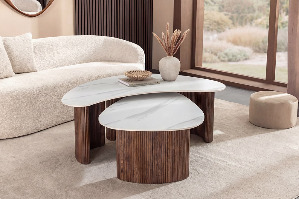 2er Set Couchtische OSAKA 120cm weiß Marmor Keramik Walnuss