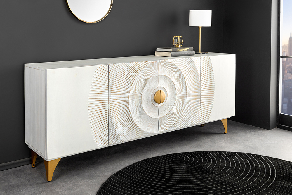 Handgearbeitetes Sideboard GOLDEN SUNSET 180cm weiß gold Mangoholz Metallbeine