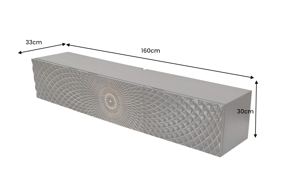 Hängendes TV-Board ILLUSION 160cm schwarz Mangoholz Massivholz mit 3D Schnitzereien gold