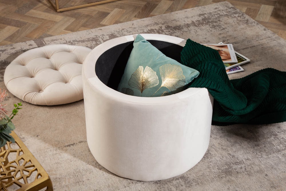Eleganter Hocker MODERN BAROCK 50cm champagner beige Samt Aufbewahrungkorb