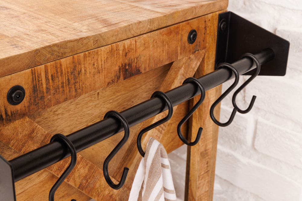 Industrial Barschrank BODEGA 86cm Mangoholz Servierwagen mit Weinregal und Aufhängung