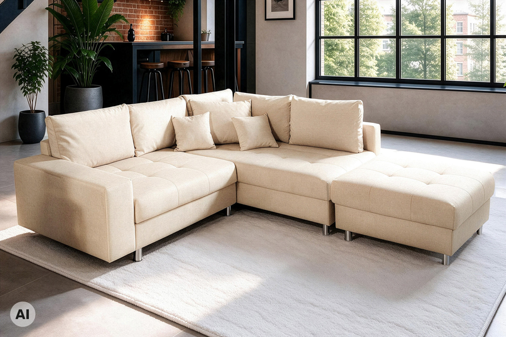 Moderne Wohnlandschaft KENT 220cm champagner beige Vogue Velours Samt Federkern mit Hocker