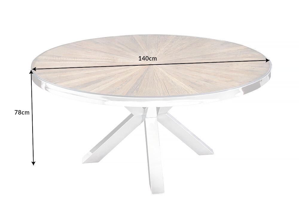Runder Esstisch BARRACUDA 140cm braun Teak Massivholz Glas silber Edelstahl verchromt