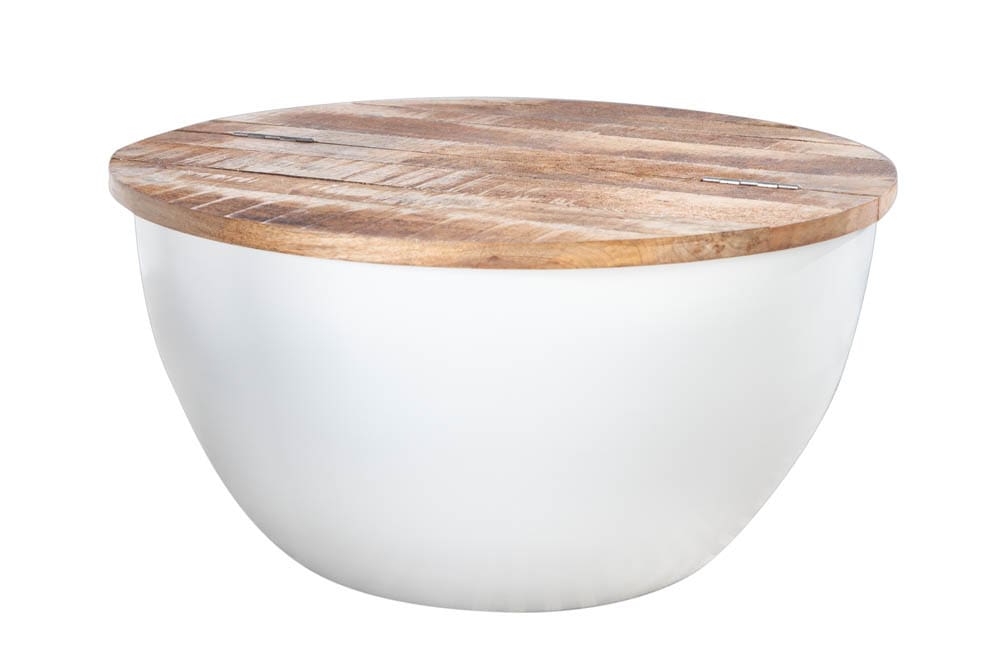Runder Couchtisch INDUSTRIAL STORAGE 60cm weiß natur Mangoholz mit Stauraum handmade