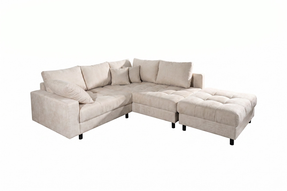 Ecksofa KENT 220cm champagner beige Chenille inkl. Hocker Federkern Wohnlandschaft