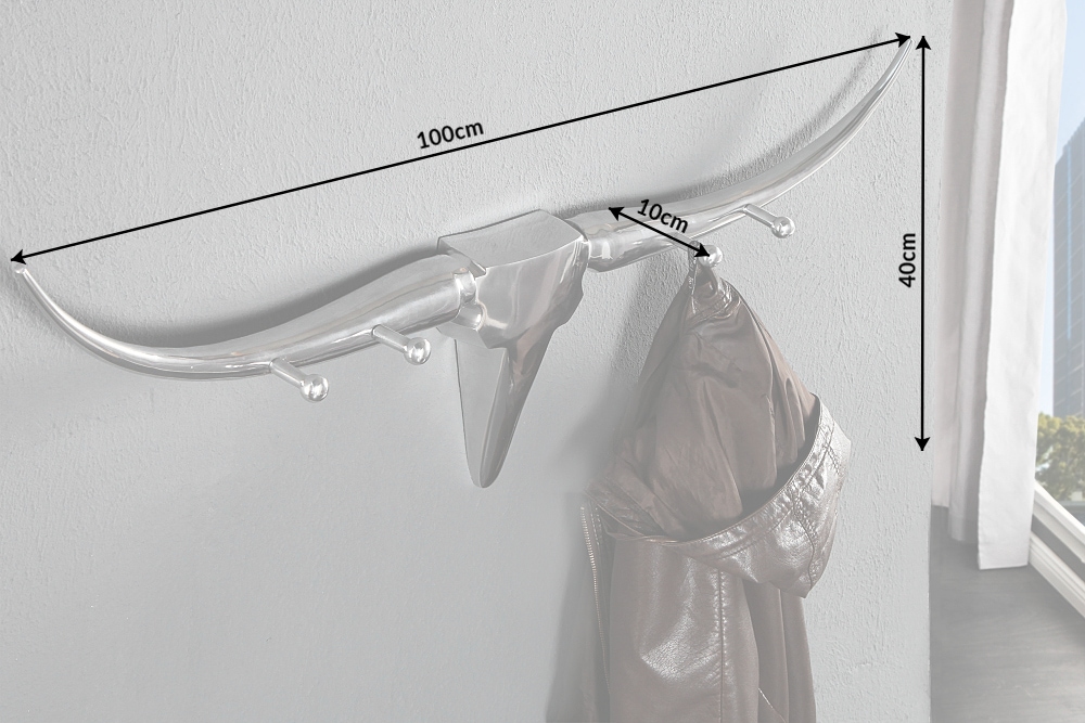 Design Garderobe BULL 100cm Aluminium Wanddekoration Stierkopf