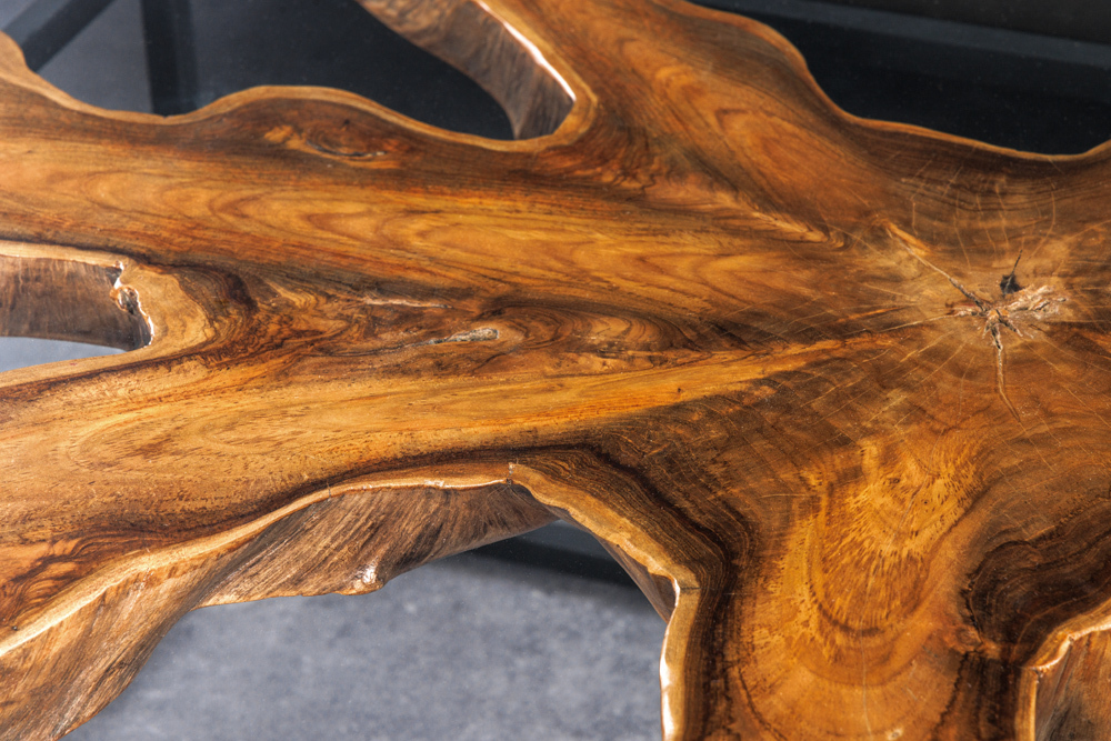 Industrial Couchtisch TEAK ROOT 70cm braun Teakholz Metall Glastisch handmade