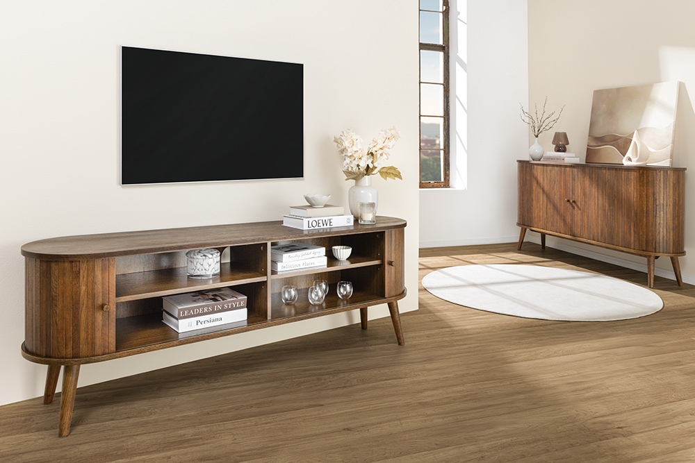 Retro TV-Board VALHALLA WOOD 160cm smoked Eichenholz Schiebetüren Lowboard