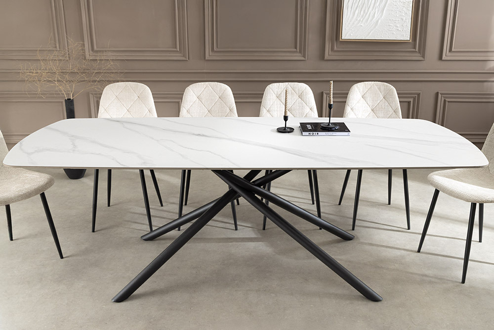 Design Esstisch OSAKA 160cm weiß Keramik schwarz Sterngestell Metall