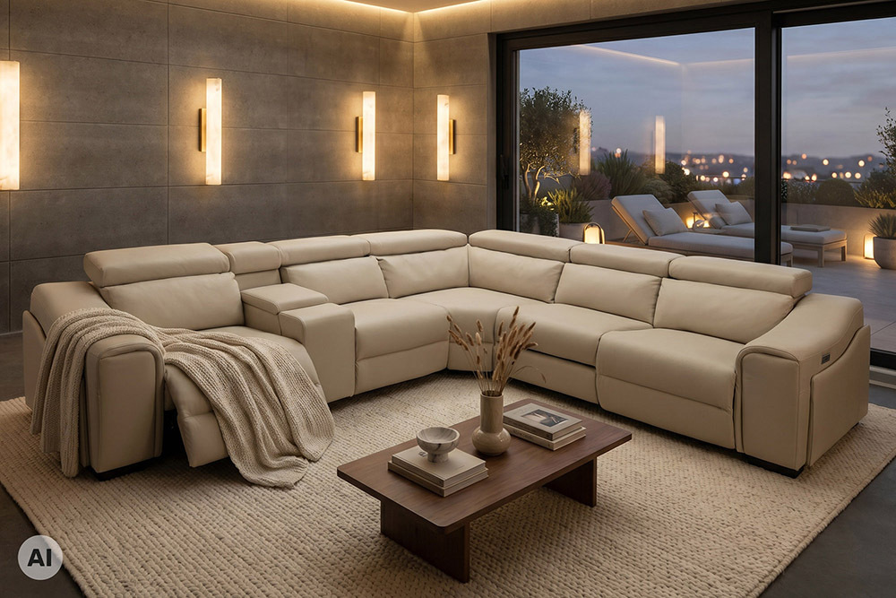 Multifunktionales Ecksofa PRIME 300cm beige Kunstleder Relaxfunktion Getränkehalter