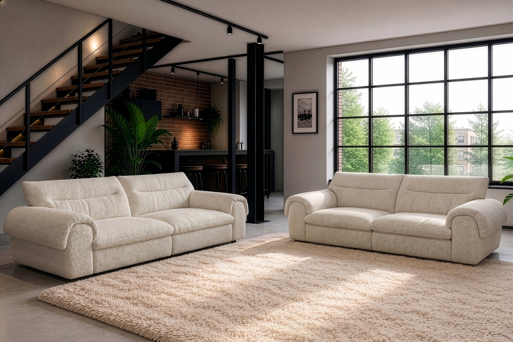 3-Sitzer Sofa SIXTH SENSE 210cm beige Bouclé-Strickstoff mit Nosagfederung und Daunenfedern