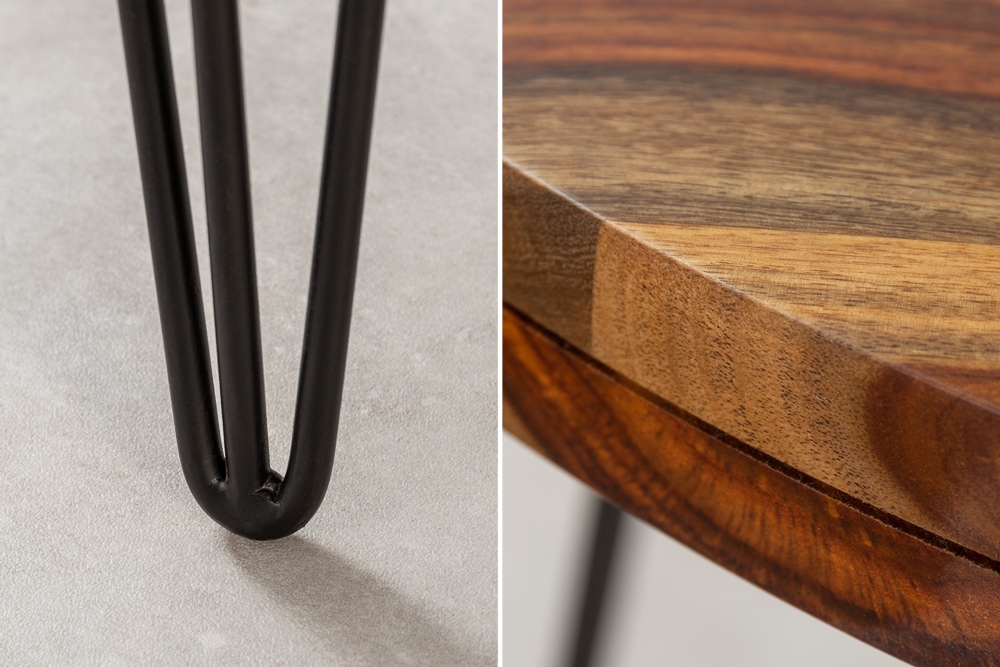 Runder Esstisch MAKASSAR 120cm braun Sheesham Massivholz stone finish Hairpin Legs