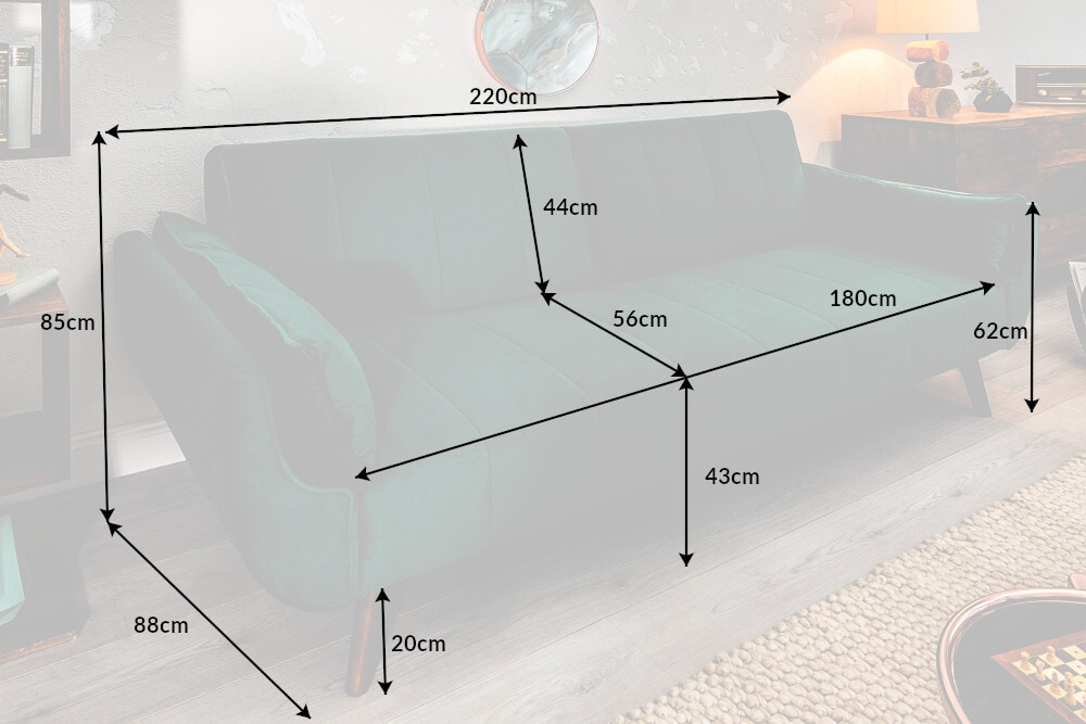 Retro Schlafsofa DIVANI 220cm smaragdgrün Samt 3-Sitzer mit Bettfunktion